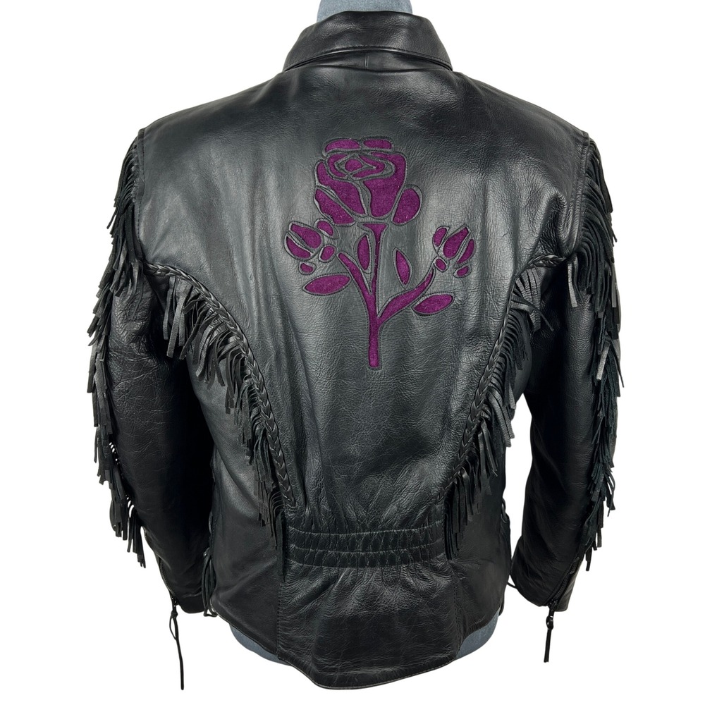UNIK Leather Fringe Biker Jacket Small Black Purple Rose Inlay Motorcycle Goth - Picture 2 of 15